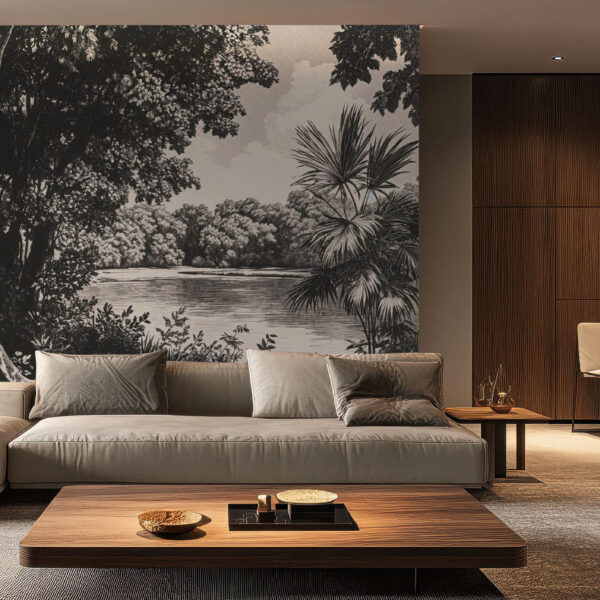 Serene Forest Landscape Black and Gray Wallpaper