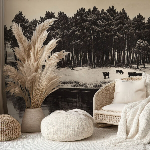 Serene Forest Landscape with Grazing Cows Wallpaper