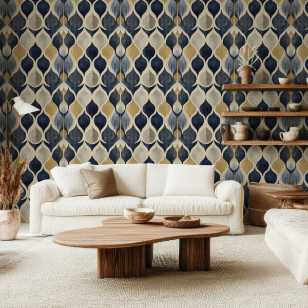 Elegant Abstract Blue and Gold Art Deco Wallpaper