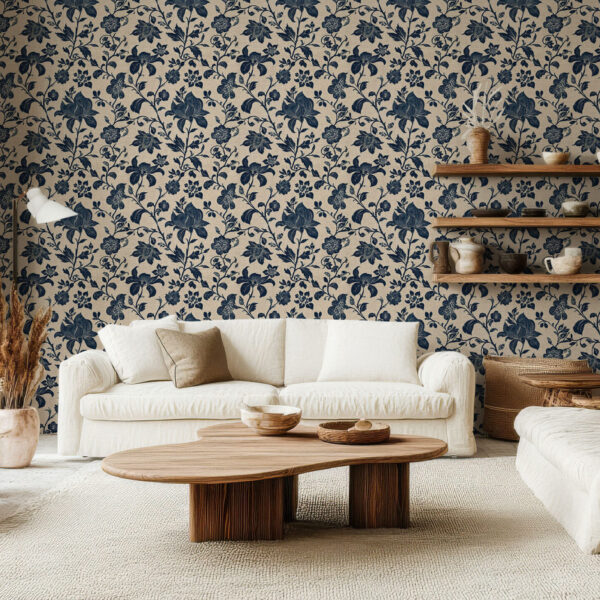 Elegant Navy Floral Botanical Pattern Wallpaper