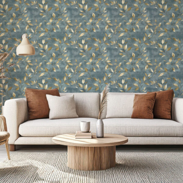 Elegant Blue and Gold Leaf Vine Wallpaper
