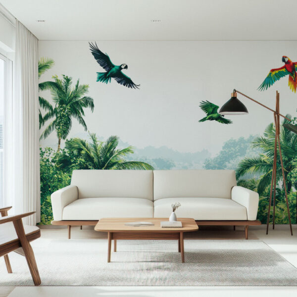 Lush Tropical Paradise with Vibrant Parrots