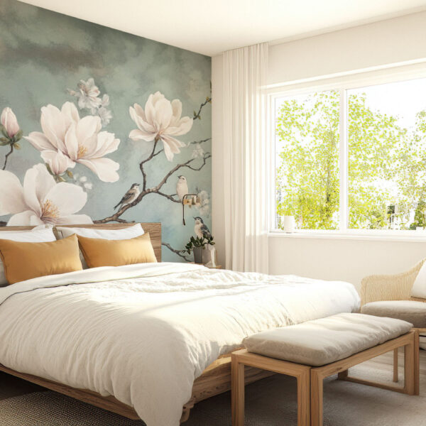 Serene Floral Blossom with Elegant Birds