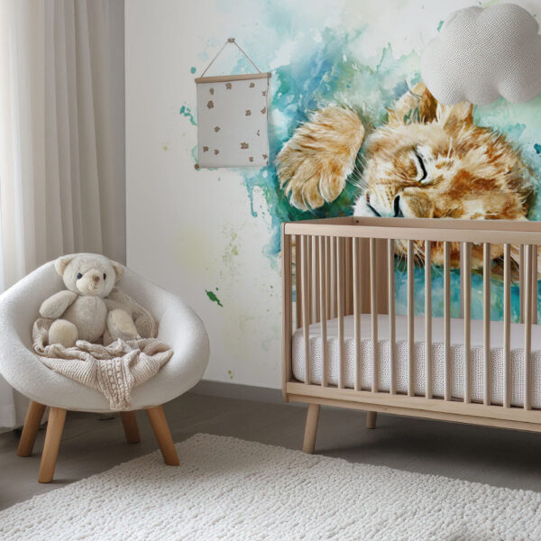 Adorable Sleeping Lion Cub Watercolor Wallpaper