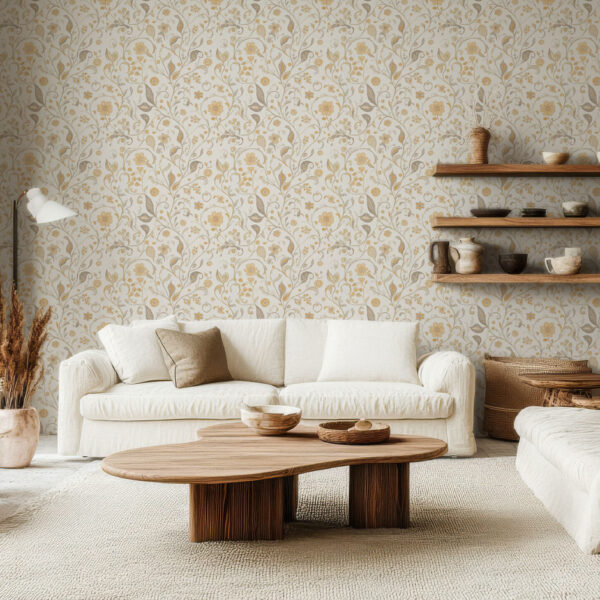 Elegant Floral Motif Beige and Gold Wallpaper
