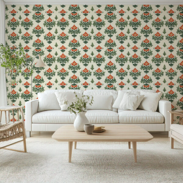 Elegant Floral Classic Green and Orange Wallpaper