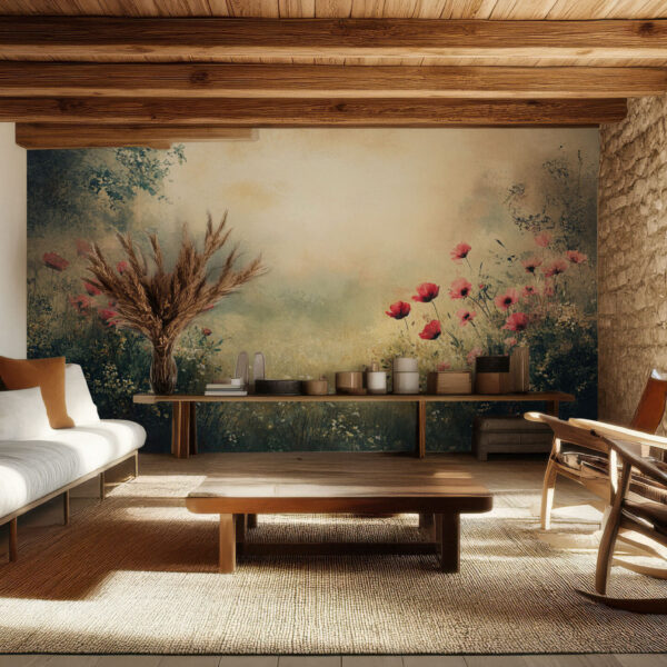 Serene Floral Landscape with Poppies Wallpaper