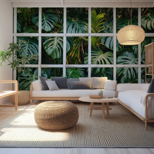 Lush Tropical Foliage Window View Wallpaper