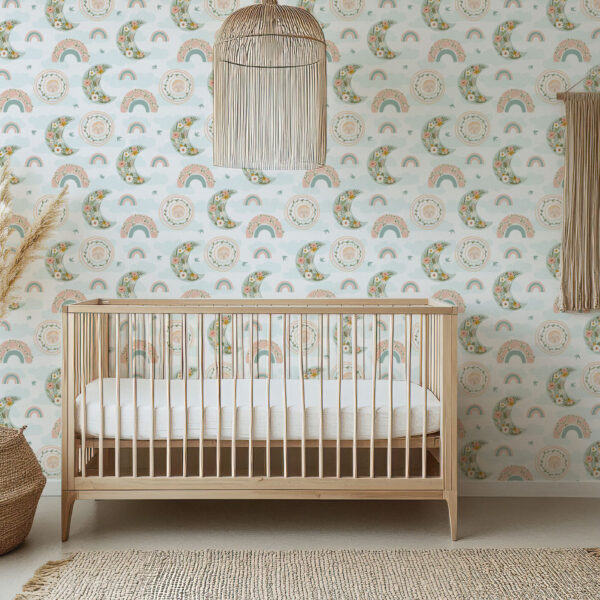 Whimsical Floral Moon and Rainbow Wallpaper