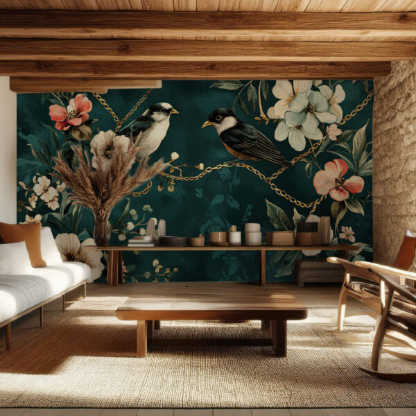 Sophisticated Botanical Birds and Blooms Wallpaper