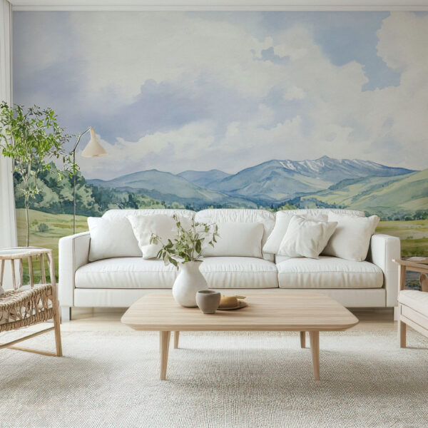 Tranquil Pastoral Landscape Watercolor Mural