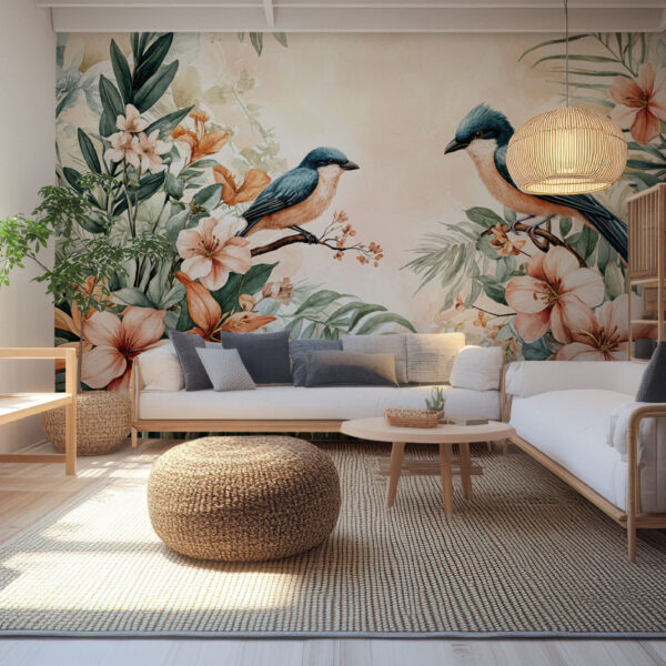 Tropical Birds and Blossoms Paradise Wallpaper