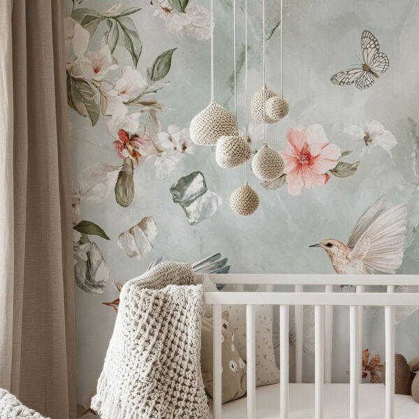 Charming Floral and Bird Paradise Wallpaper