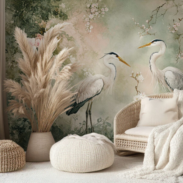 Elegant Crane and Floral Garden Scene Wallpaper