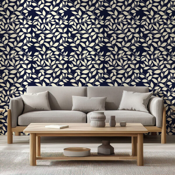 Elegant Botanical Blue Leaf Pattern Wallpaper