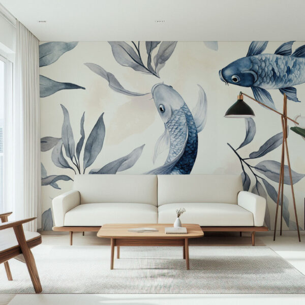 Elegant Koi Fishes with Botanical Motif Wallpaper