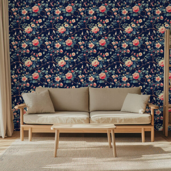 Elegant Floral Blossom and Bird Symphony Wallpaper