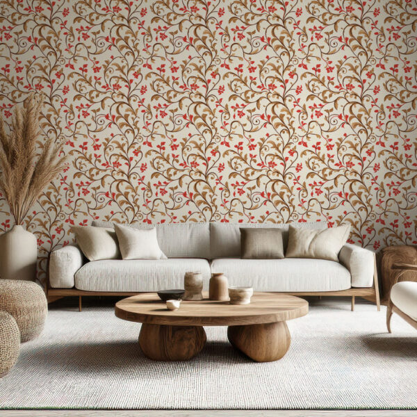 Elegant Floral Flourish Beige and Brown Wallpaper
