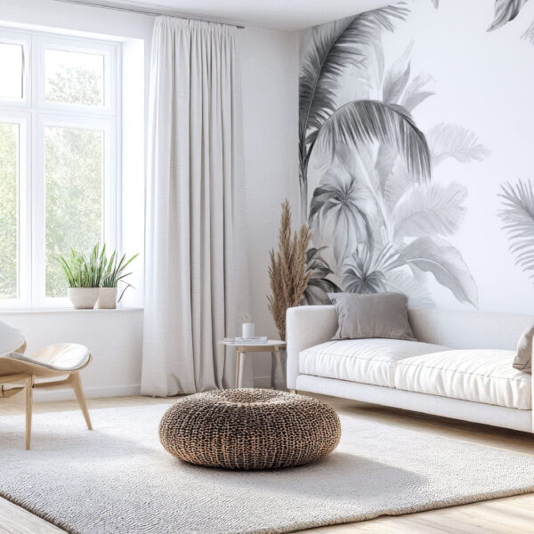 Elegant Tropical Jungle Gray Leaf Wallpaper