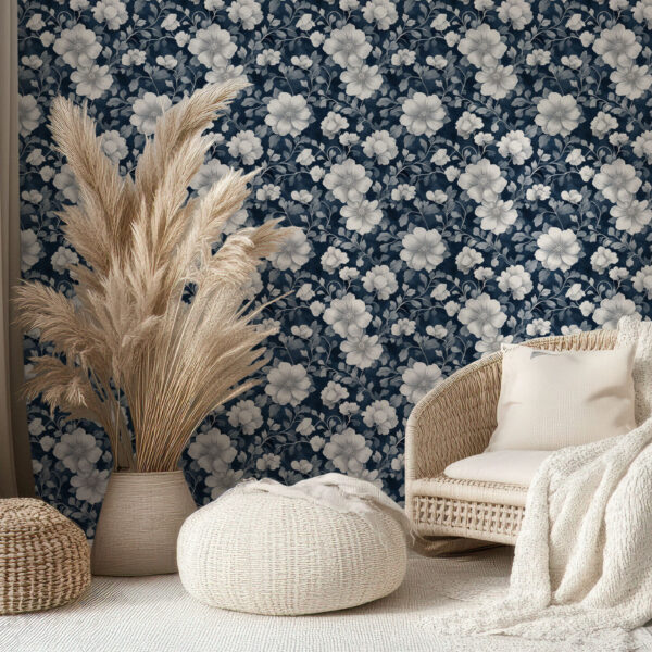 Elegant Floral Patterned Blue Wallpaper