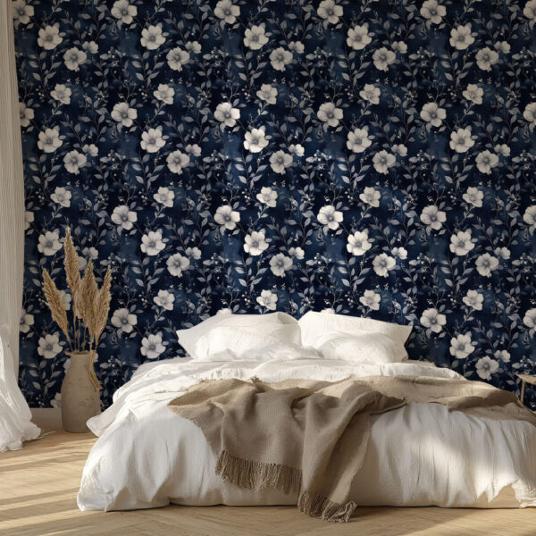 Elegant Floral Blooms on Deep Blue Wallpaper