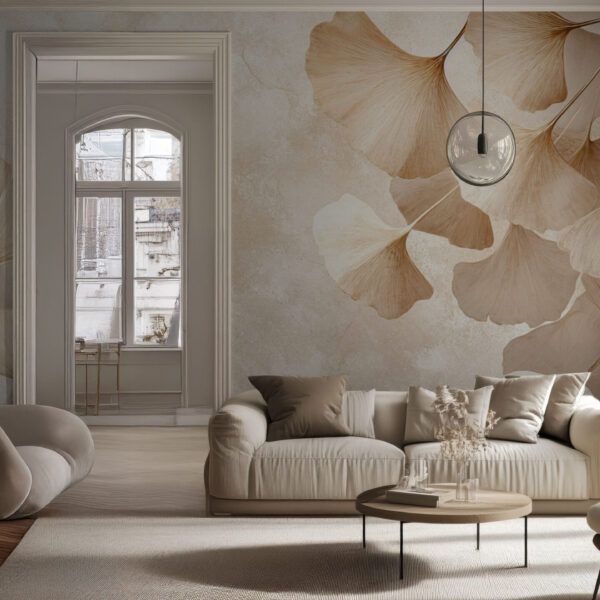 Elegant Ginkgo Leaf Beige Wallpaper Design