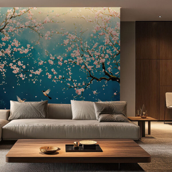 Serene Blossom Garden with Birds Wallpaper