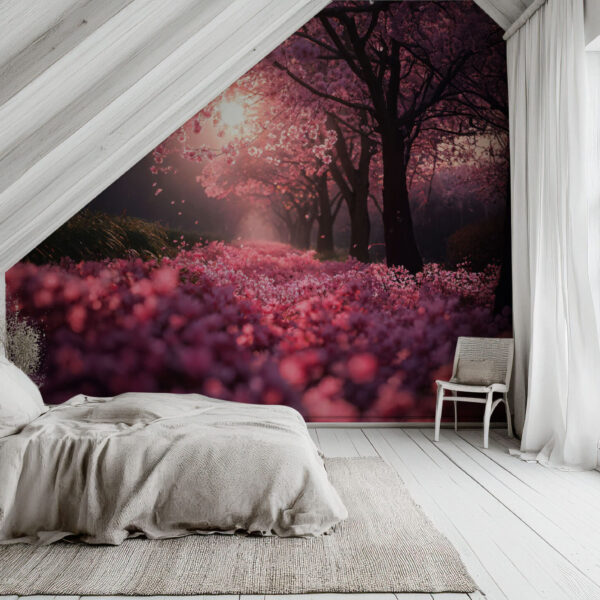Serene Cherry Blossom Garden Sunset Mural