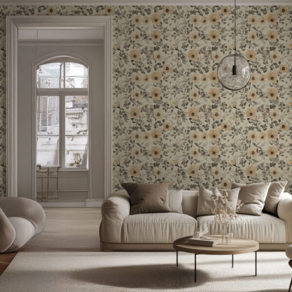 Elegant Floral Blossom Beige Wallpaper