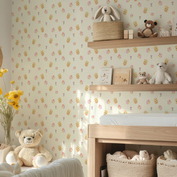 Adorable Giraffe and Floral Playroom Wallpaper
