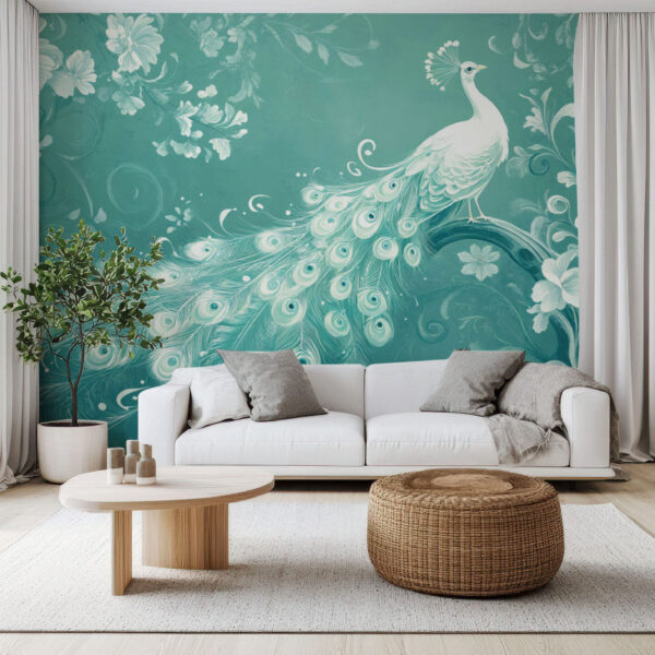 Elegant Peacock and Floral Fantasy Wallpaper