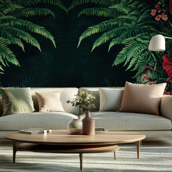 Tropical Lush Greenery with Red Blossoms Wallpaper