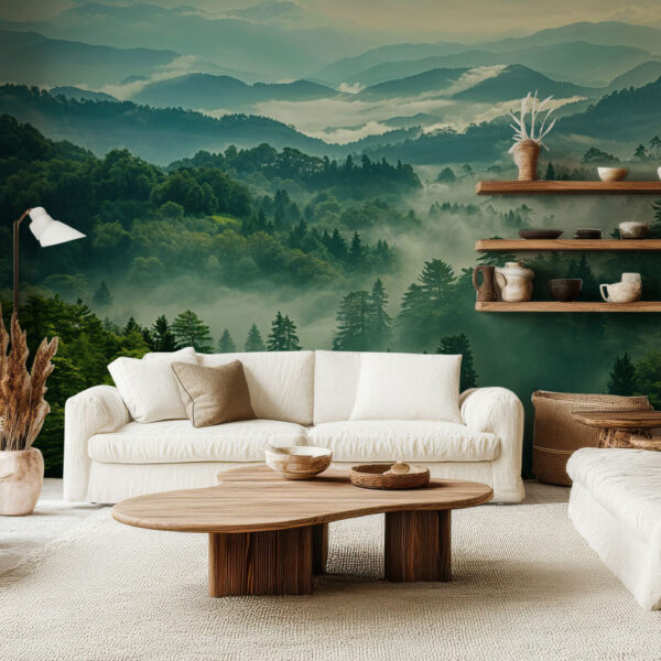 Serene Misty Mountain Forest Wallpaper