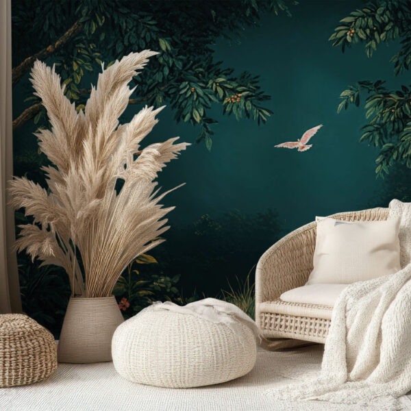 Serene Tropical Forest with Graceful Flamingos