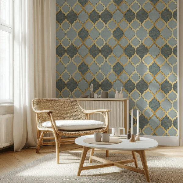 Elegant Blue and Gold Geometric Wallpaper