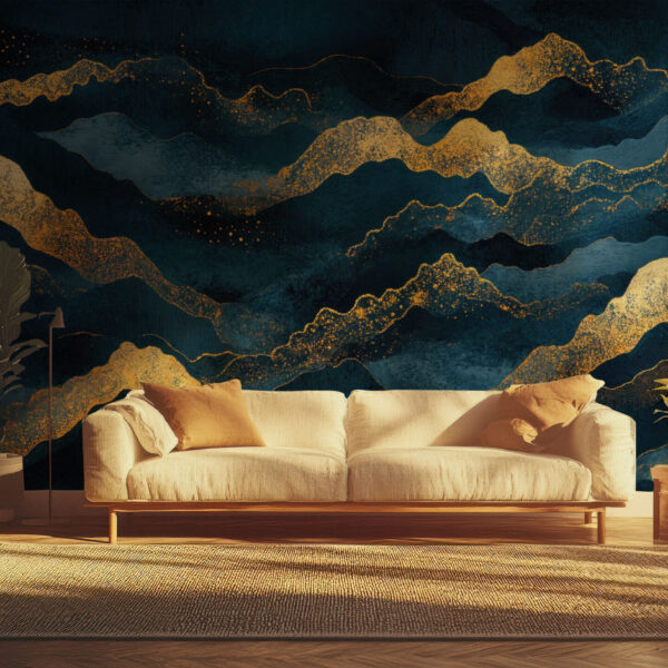 Elegant Midnight Blue and Gold Abstract Wallpaper
