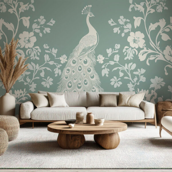 Elegant Peacock and Floral Botanical Wallpaper