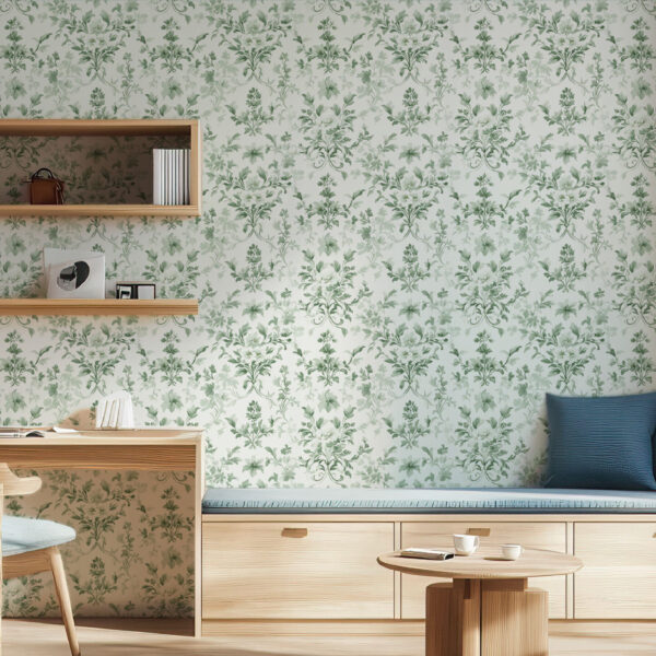 Elegant Floral Damask Green Wallpaper