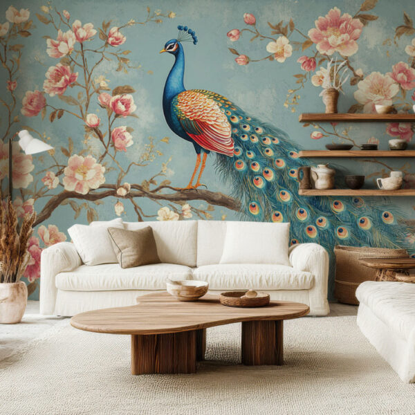 Elegant Peacock and Blooming Floral Wallpaper