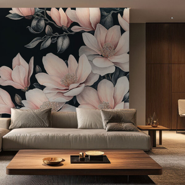 Elegant Floral Blossom on Black Wallpaper