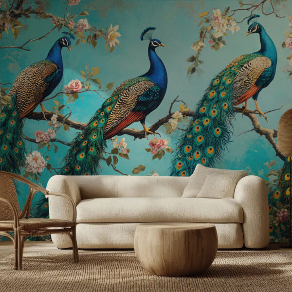 Elegant Blue Peacock and Floral Fantasy Wallpaper