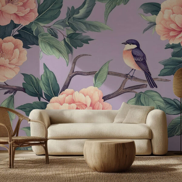 Elegant Botanical Bird and Flower Wallpaper