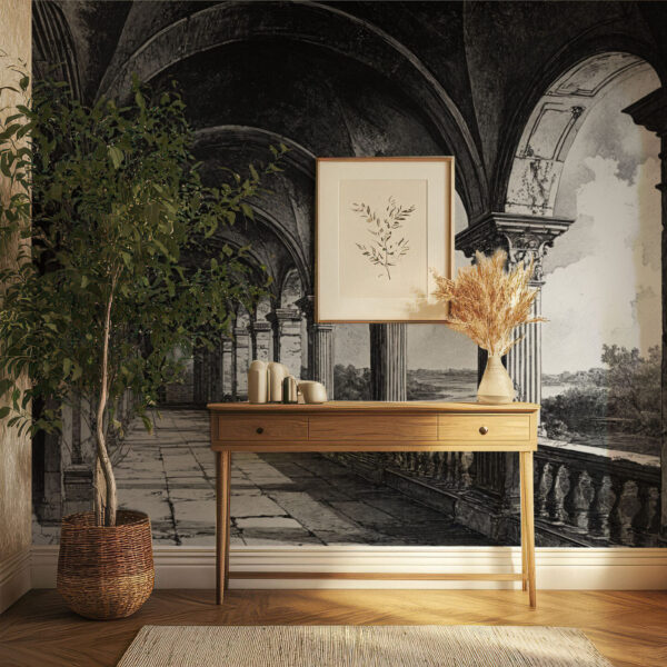 Vintage Architectural Corridor Elegance Wallpaper