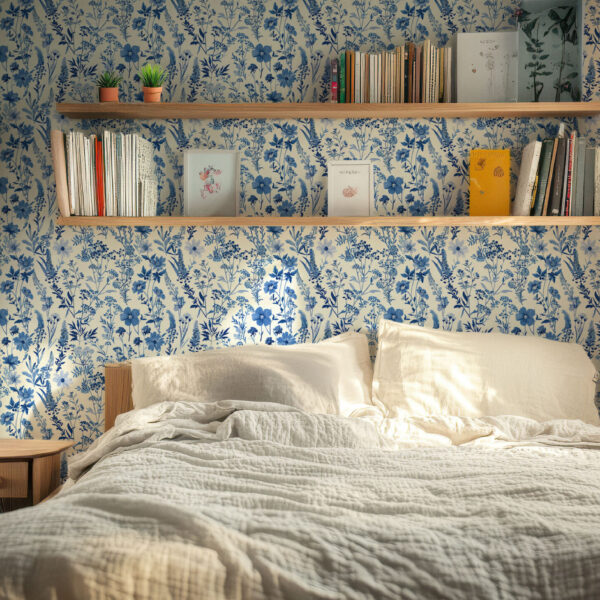 Elegant Blue Floral Botanical Pattern Wallpaper
