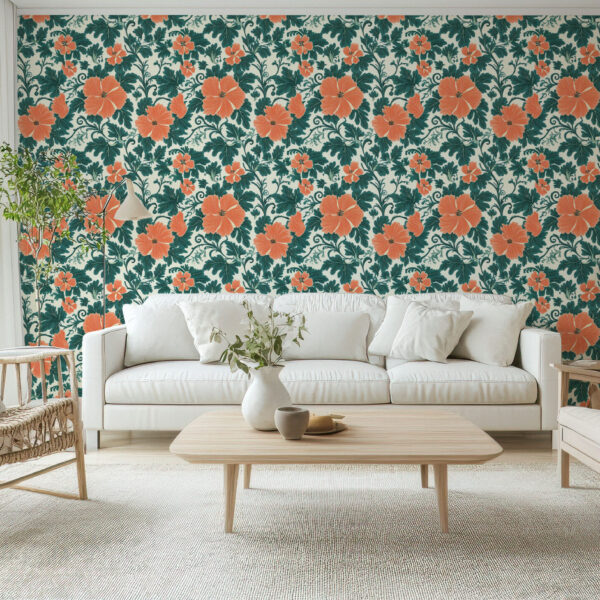 Elegant Floral Green and Orange Botanical Wallpaper
