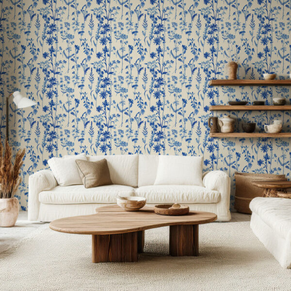 Charming Blue Floral Botanical Wallpaper