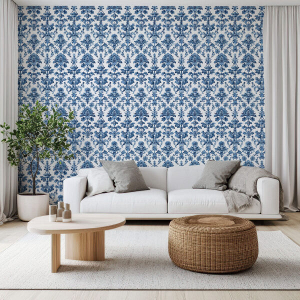 Elegant Blue Floral Damask Wallpaper