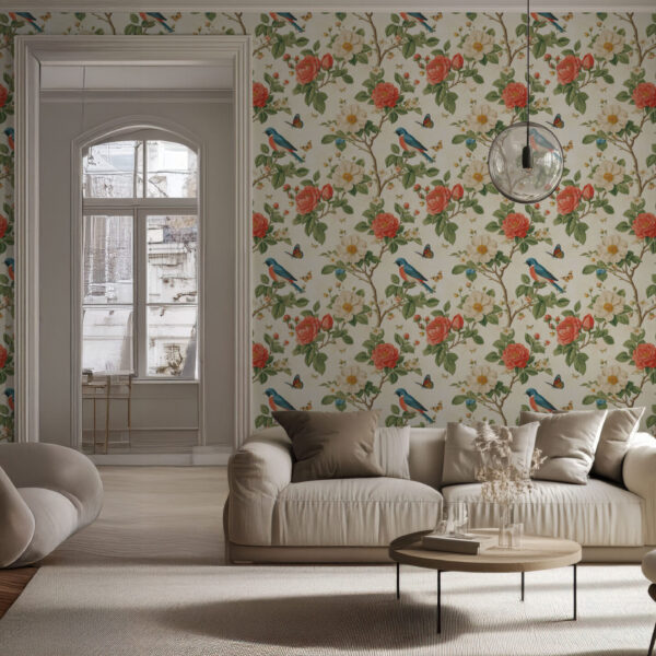 Elegant Floral and Bird Botanical Wallpaper
