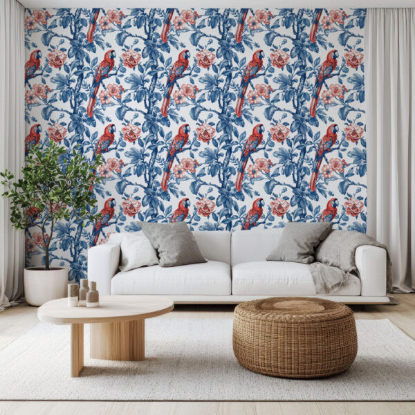 Tropical Paradise Parrot and Floral Wallpaper