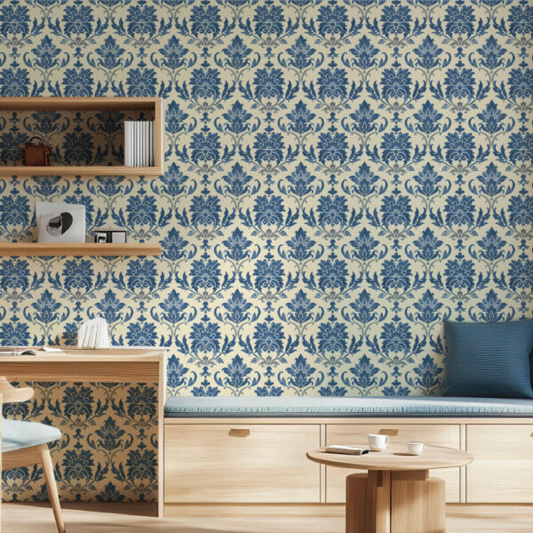 Elegant Floral Blue Damask Wallpaper